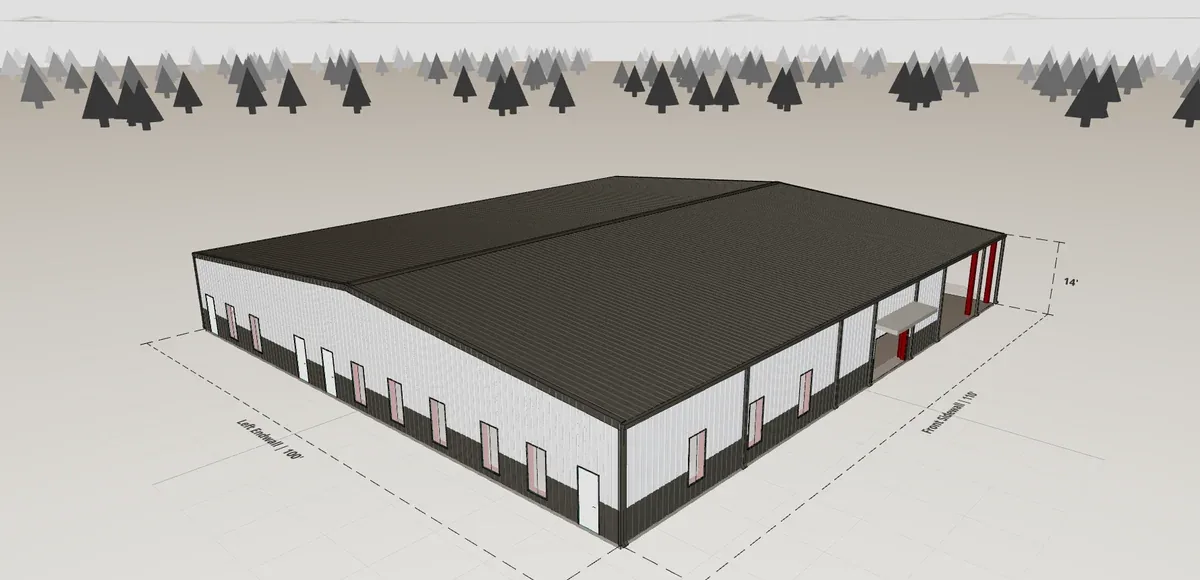 100x110 Church Campus render, 14 ft eave, 1 in 12 roof pitch