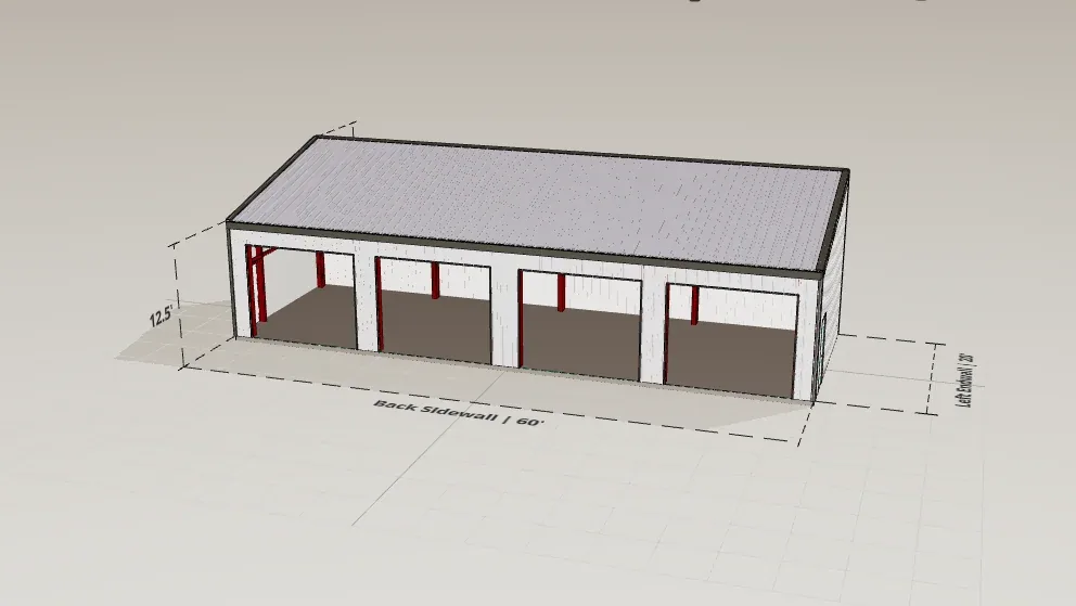 20x60 Compact Storage render, 17.5 ft eave, 3 in 12 roof pitch