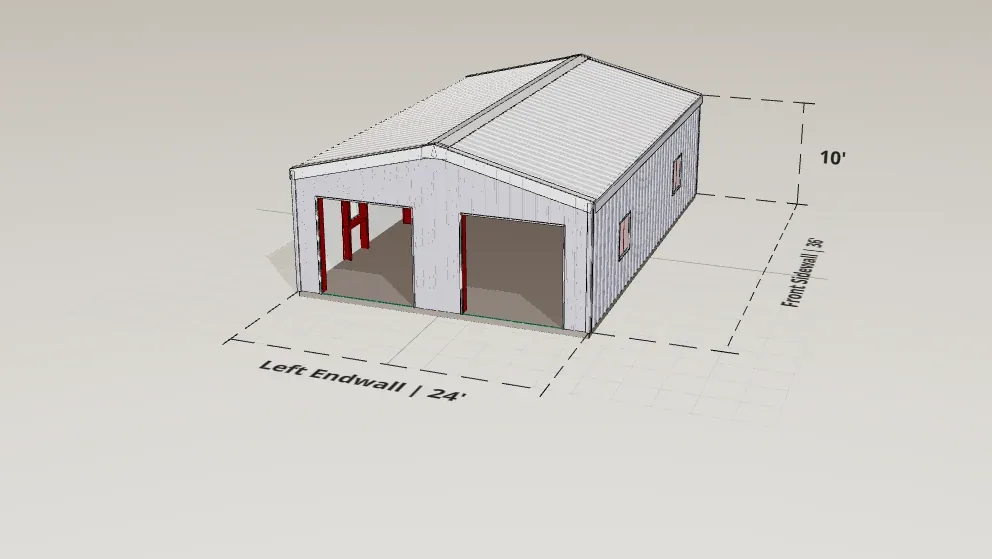 24x36 Starter Garage render, 10 ft eave, 3 in 12 roof pitch