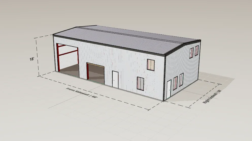 30x60 Tall Shop with Loft render, 18 ft eave, 1 in 12 roof pitch