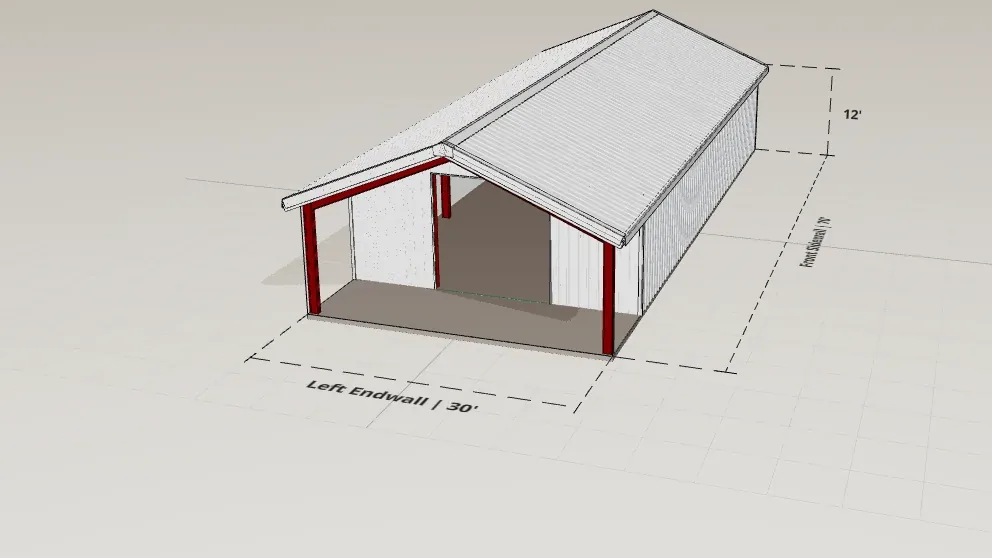 30x70 Stall Barn render, 12 ft eave, 5 in 12 roof pitch