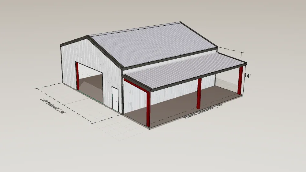 36x40 Garage with Lean-To render, 14 ft eave, 4 in 12 roof pitch