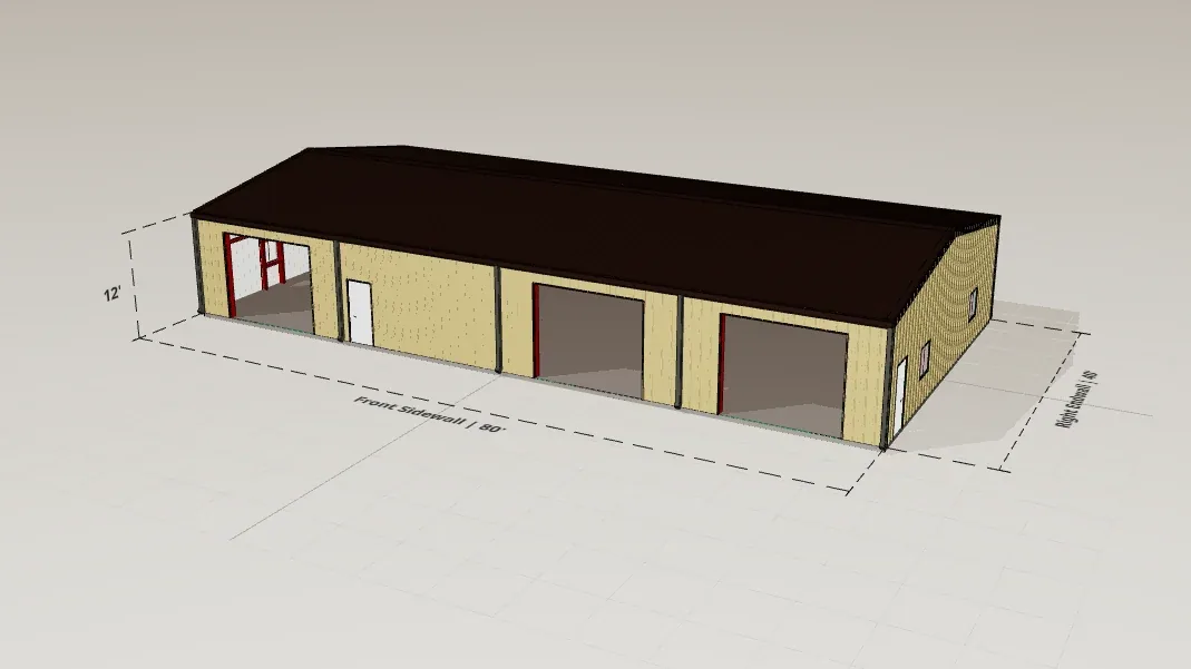 40x80 Machine Shed render, 12 ft eave, 2 in 12 roof pitch