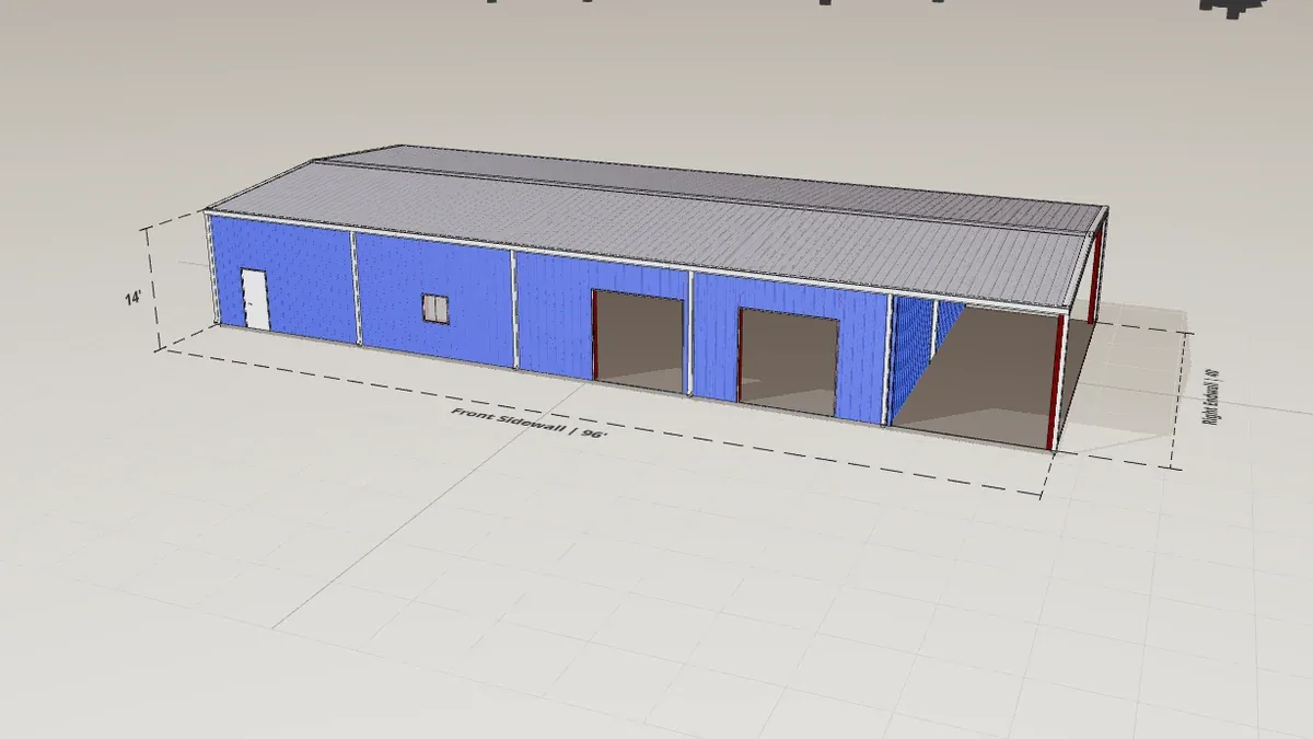 40x96 Auto Shop render, 14 ft eave, 1 in 12 roof pitch