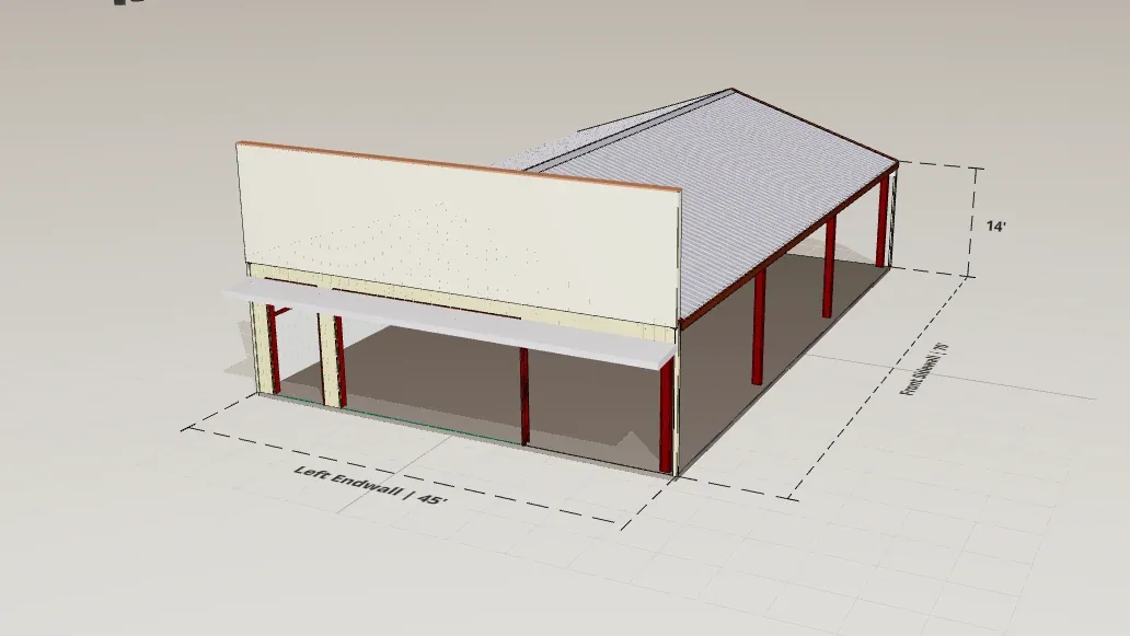 45x70 RV & Boat Storage render, 14 ft eave, 4 in 12 roof pitch