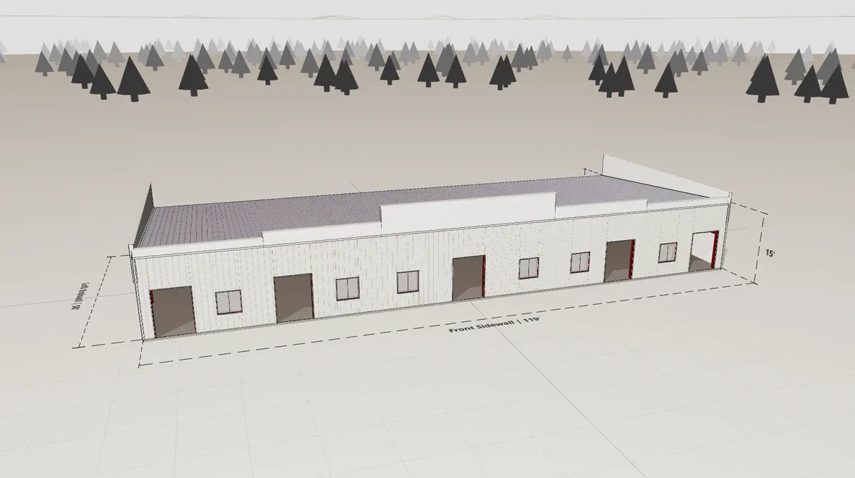 50x119 Mini-Storage render, 15 ft eave, 1 in 12 roof pitch