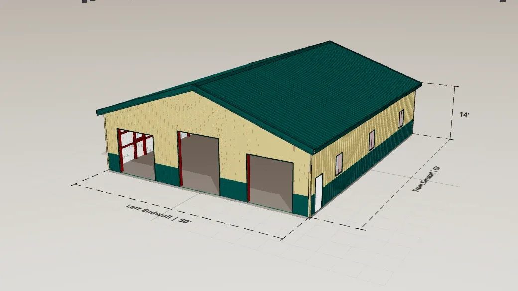 50x60 Hobby Shop render, 14 ft eave, 4 in 12 roof pitch