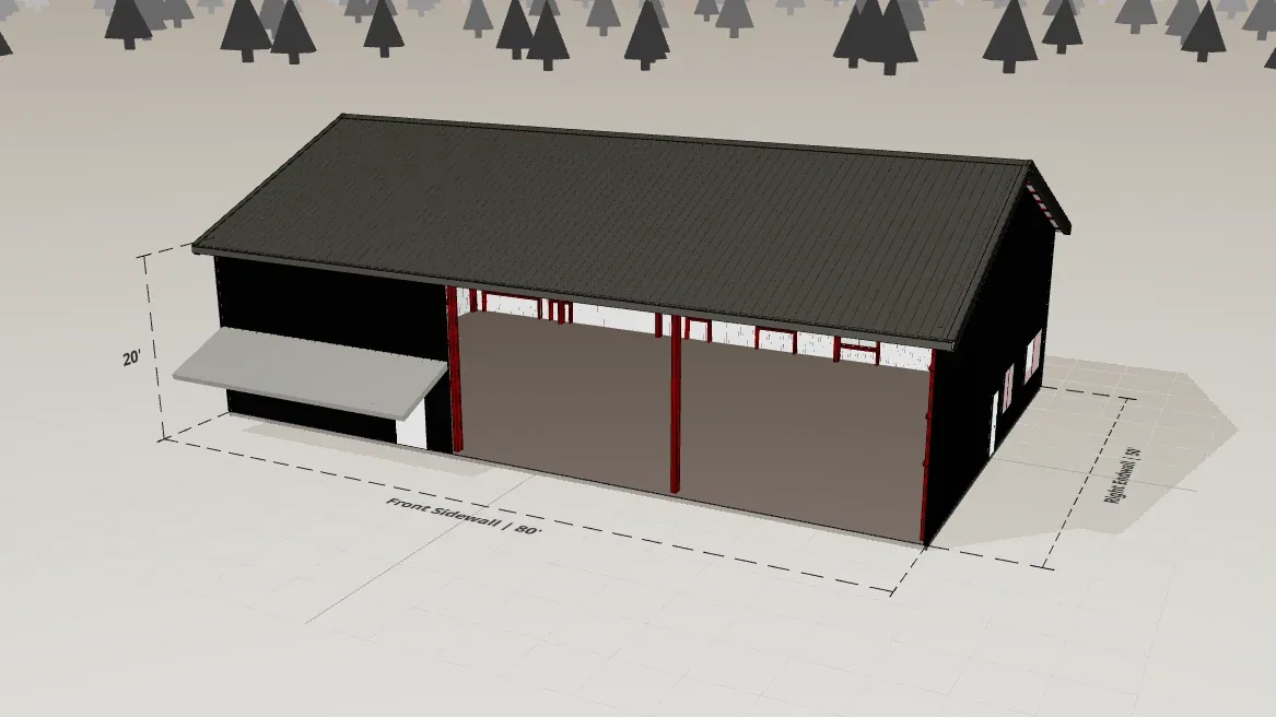 50x80 Premium Barndominium render, 20 ft eave, 5 in 12 roof pitch