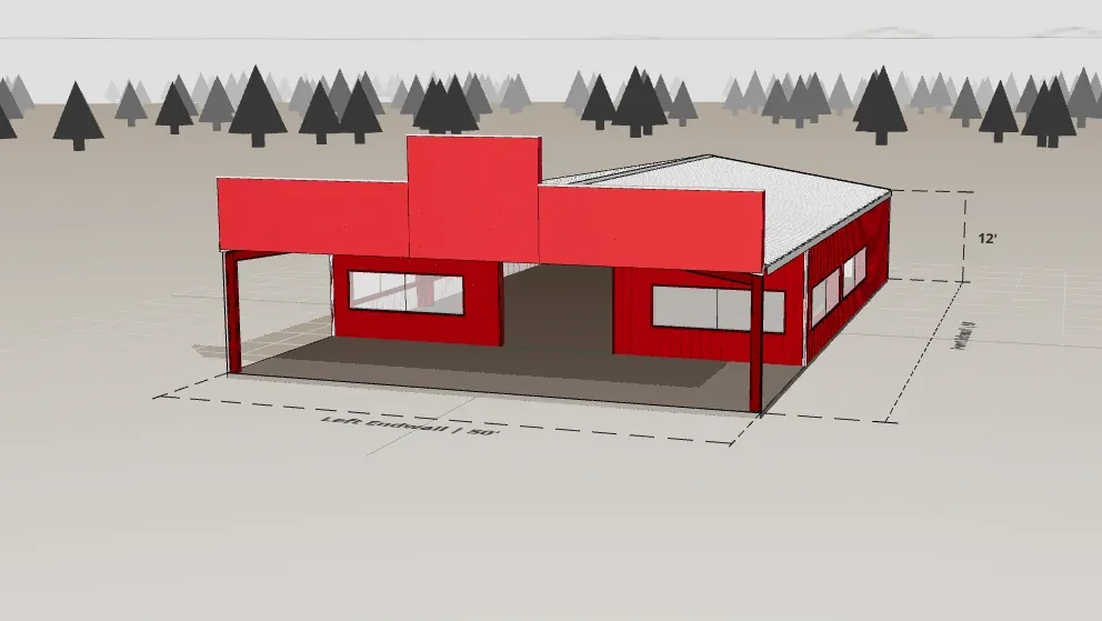50x80 Restaurant render, 12 ft eave, 2 in 12 roof pitch