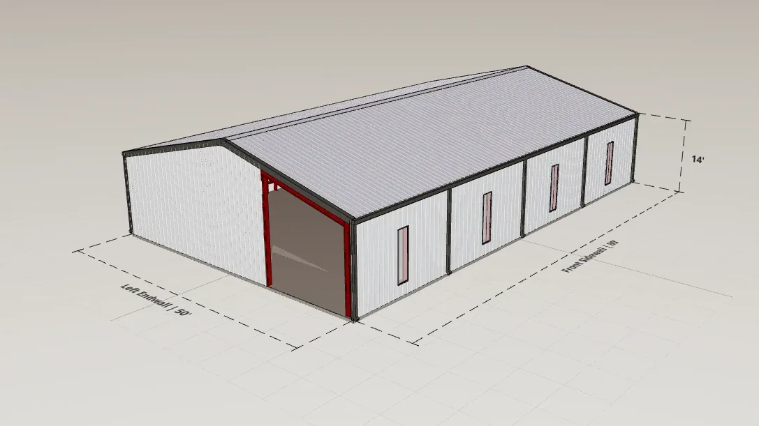 50x80 Retail Storefront render, 14 ft eave, 3 in 12 roof pitch