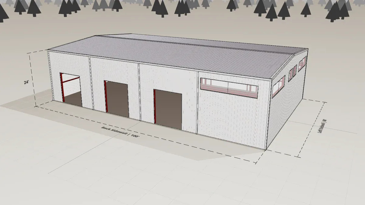 60x100 Crane Building render, 24 ft eave, 1 in 12 roof pitch
