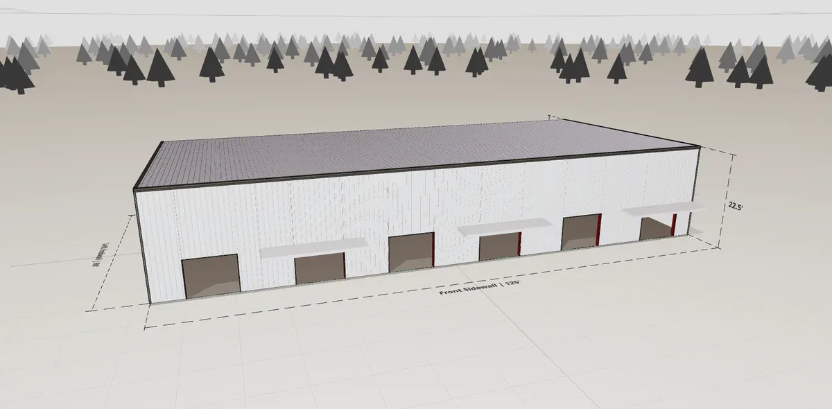 60x125 Commercial Flex render, 22.5 ft eave, 0.5 in 12 roof pitch