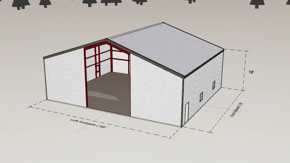 60x50 Aircraft Hangar render, 18 ft eave, 4 in 12 roof pitch