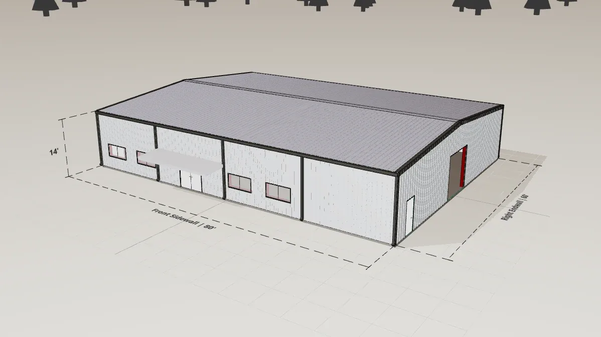 60x80 Event Venue render, 14 ft eave, 1 in 12 roof pitch
