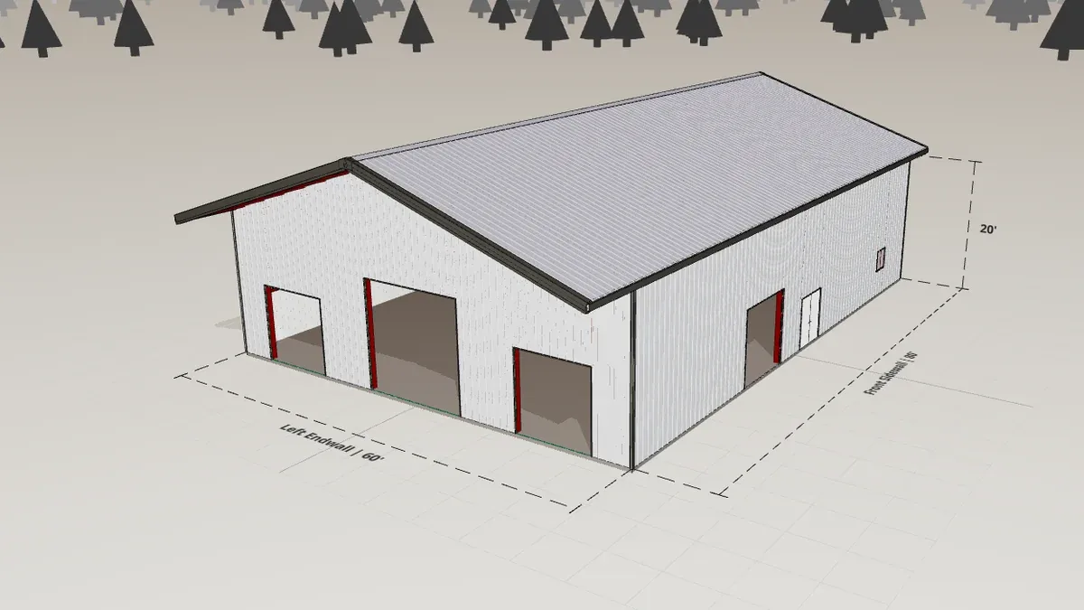 60x80 Family Barndominium render, 20 ft eave, 4 in 12 roof pitch