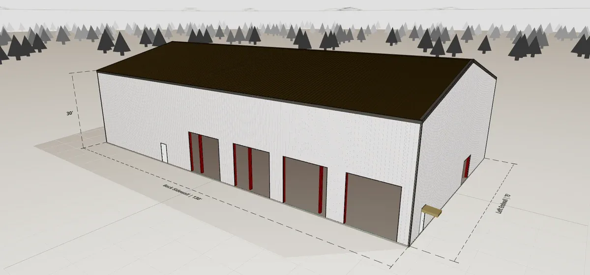 75x130 High-Bay Industrial render, 30 ft eave, 3 in 12 roof pitch