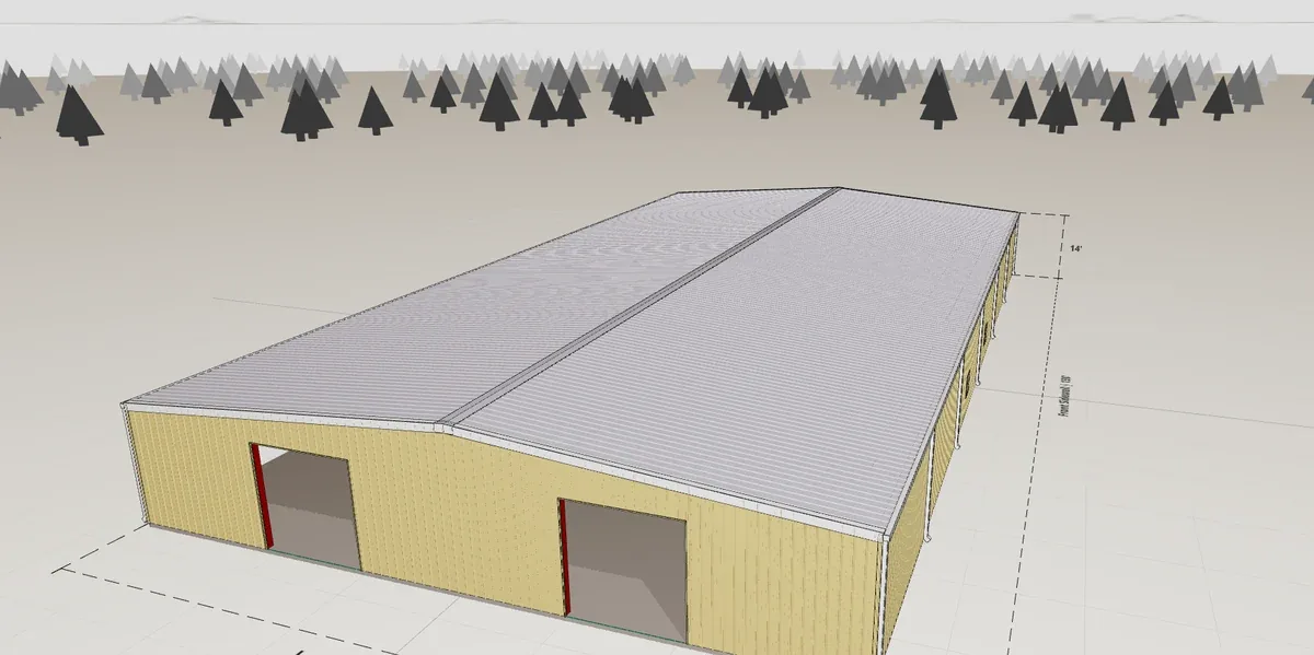 80x150 Ag Storage render, 14 ft eave, 1 in 12 roof pitch